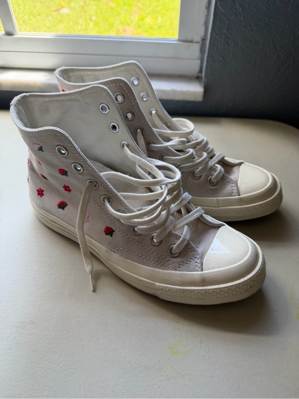 Converse White High-Top Sneakers with Red & Pink Floral Embroidery
